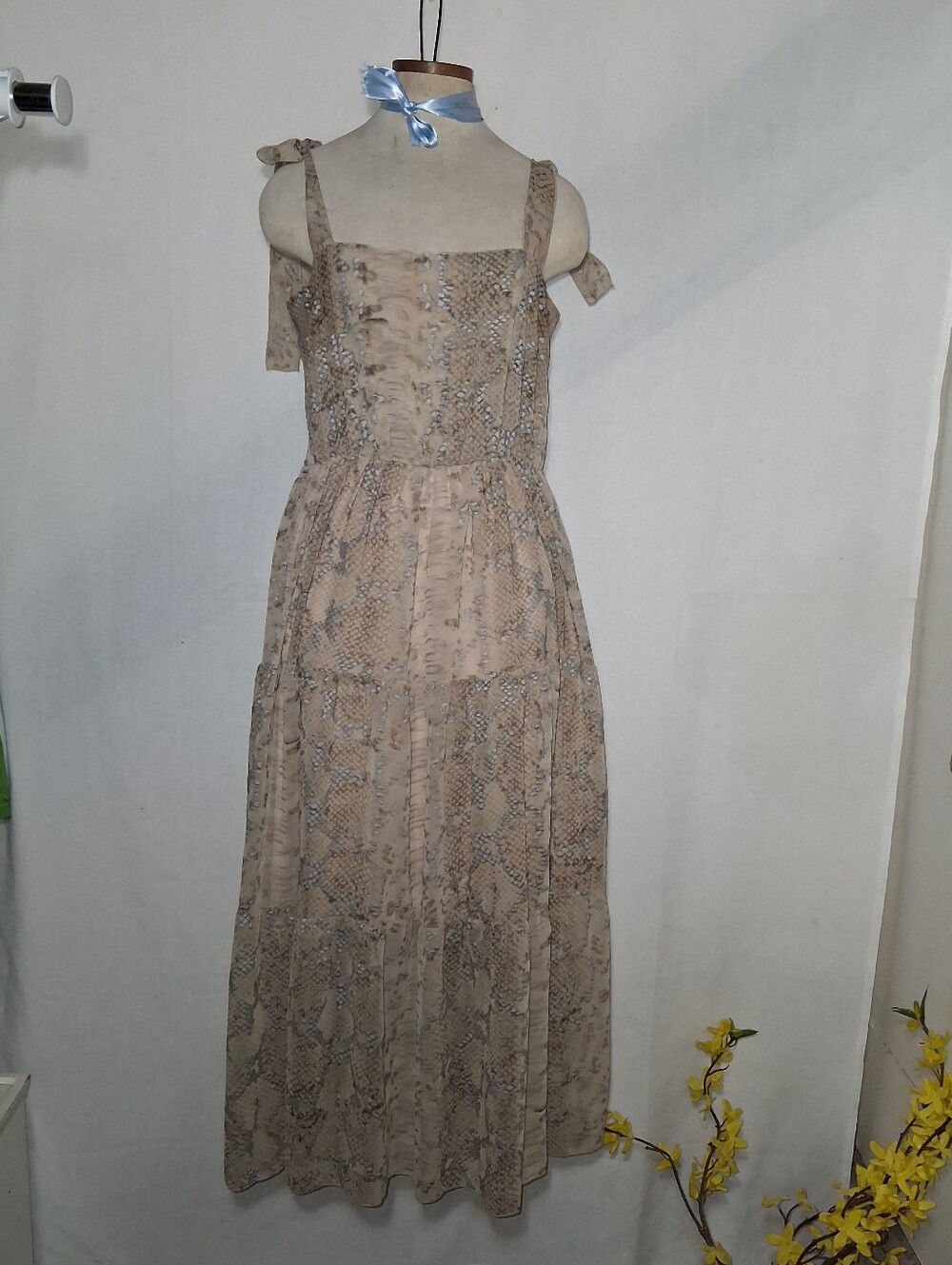 Vinnik Cottagecore Snakeskin Print Tiered Maxi Dress tie-shoulder straps M/L